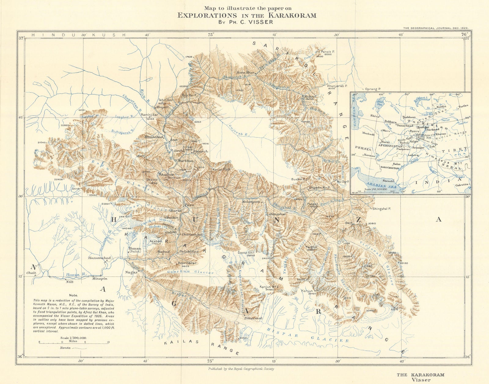 Explorations in the Karakoram. Pakistan. RGS/Visser 1926 old vintage map chart